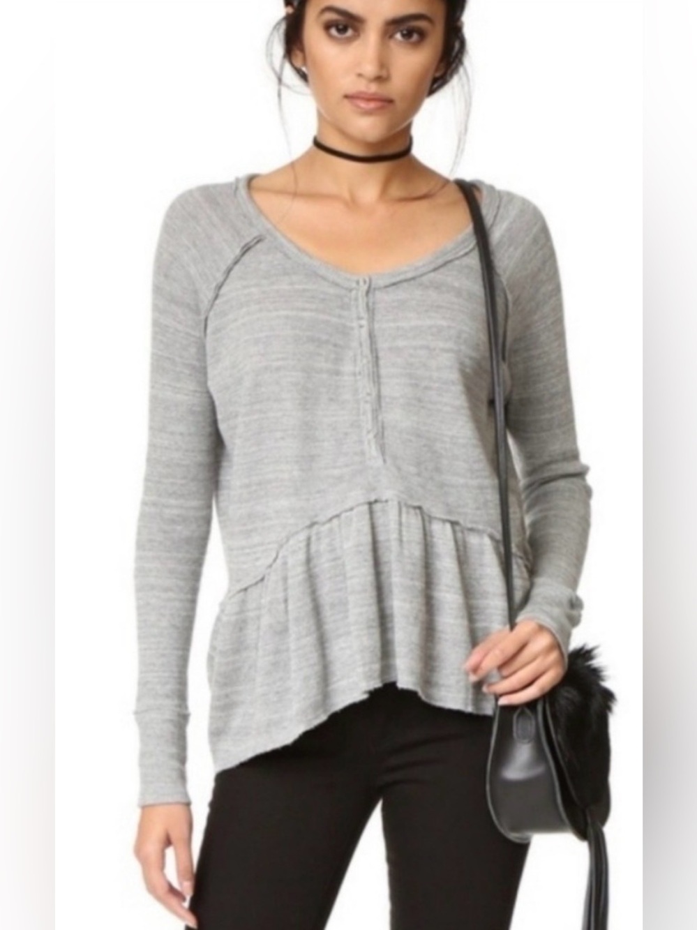 Free People Coastline Gray Thermal Peplum Top Waffle Knit Henley Long Sleeve
